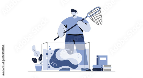 Man catching fish in a tank.