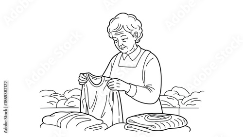 Elderly woman folding clothes in minimalist style