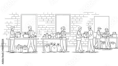 Volunteers distributing food packages in community center line art