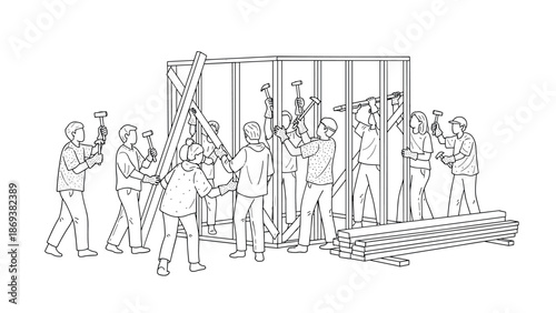 Community teamwork in construction: building a frame structure together