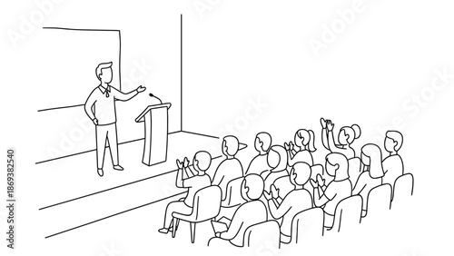 Business presentation with audience applause in linear style