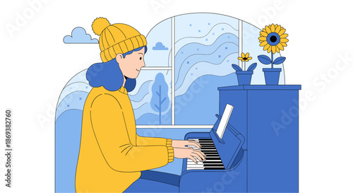 Woman Playing Piano in Yellow Sweater.