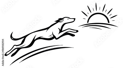 Hand drawn line art illustration of a leaping dog depicting a stylized sunrise for animal and nature designs