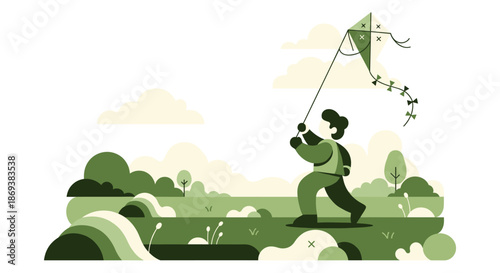 Man Flying Kite in Green Field.