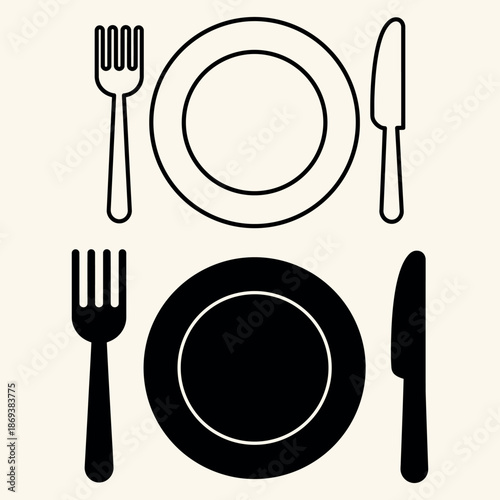 Dining icon set with plate fork and knife silhouette