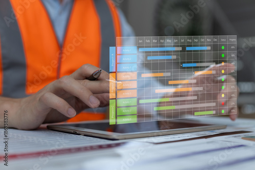 Construction manager using digital tablet to monitor Gantt chart project timeline. Concept for smart construction planning, scheduling, workflow management, and digital project control.