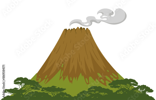 Stylized volcano mountain illustration with smoke rising from crater. Flat vector design isolated on white background, suitable for nature themes, geography education, fantasy landscapes, and game ass