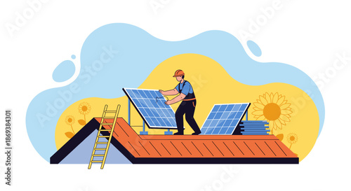 Man Installing Solar Panels on Roof.