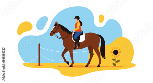 Woman Riding Brown Horse in Illustration.