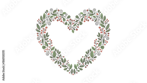 Floral heart wreath with green leaves and red berries on white background