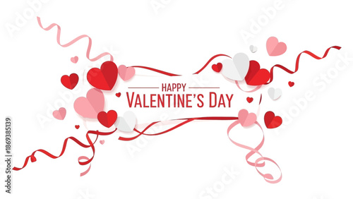 Valentine's Day banner with red and pink hearts and ribbons