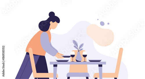 Woman Setting Table for Meal Illustration.