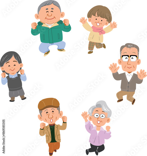 輪になってジャンプする6人のシニアの男女