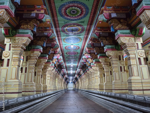Symmetrical, aligned artistic pillars at an ancient Indian Temple, Rameshwaram. 