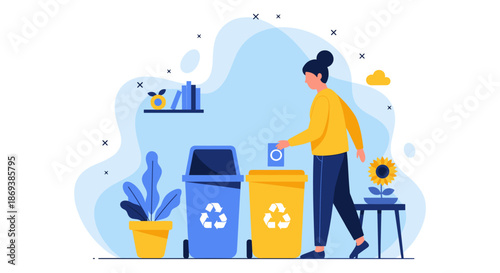 Woman Sorting Trash into Recycling Bins.