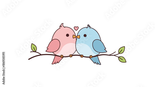 Cute cartoon birds in love sitting on a branch