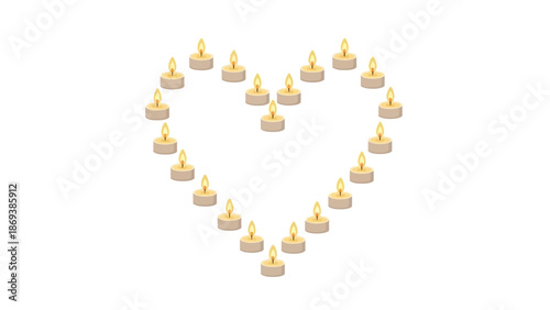 Heart-shaped arrangement of lit candles on white background