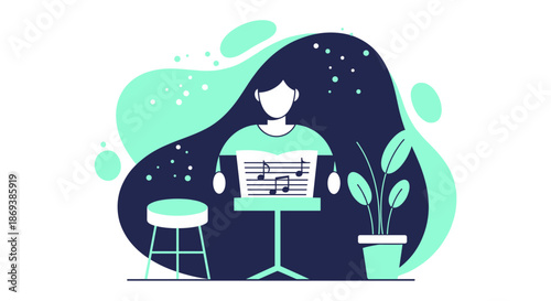 Woman Standing at Music Stand with Sheet Music.