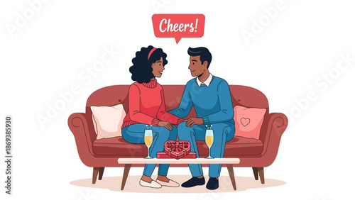 Couple celebrating with drinks on a cozy sofa at home