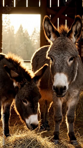 Donkeys Eating Hay in a Barn With Sunlight Streaming Through