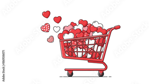 Shopping cart filled with red hearts and love symbols