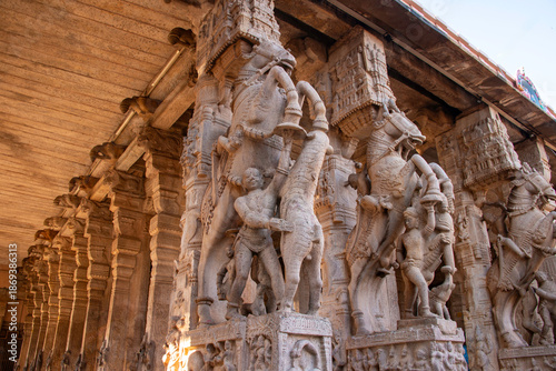 Sculpture carved out of stone at an ancient Indian Temple at Sri Rameshwaram. 