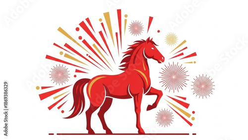 Vibrant red horse illustration with dynamic fireworks and explosive lines on white background for festive designs with stylized illustration