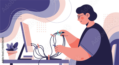 Man Organizing Computer Cables at Desk.