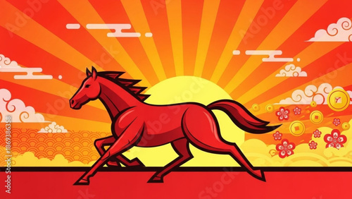 A red horse runs freely in front of a vibrant sunset with sun rays flowers and clouds with running horse and vibrant colors and freedom and nature