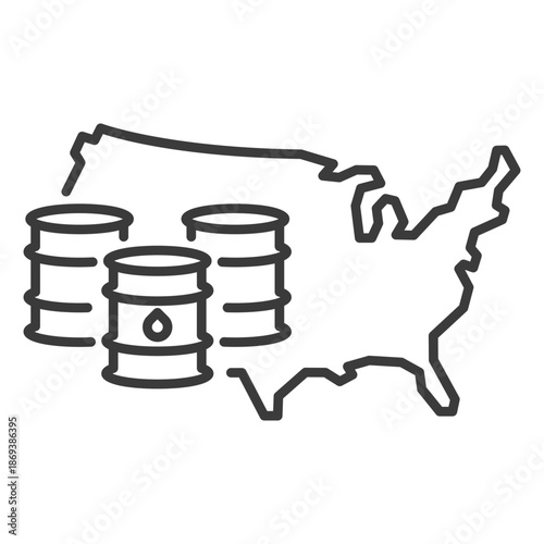 US oil industry clip art icon symbol, USA map and oil drum container, isolated line art vector illustration