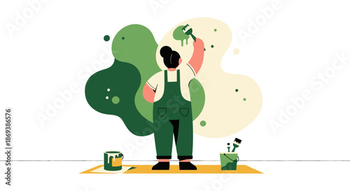 Man Painting Green Painter Decorating Walls.