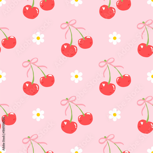 Seamless red cherry pattern design, flat cherry pattern template vector. 
