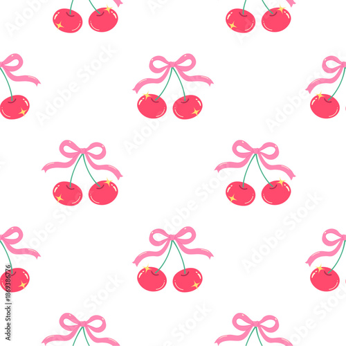 Seamless red cherry pattern design, flat cherry pattern template vector. 
