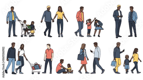 Diverse people walking and interacting in various scenarios on a plain white background