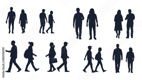 Silhouettes of people walking in various poses and attire against a white background