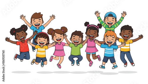 Diverse group of happy children jumping together in colorful clothing