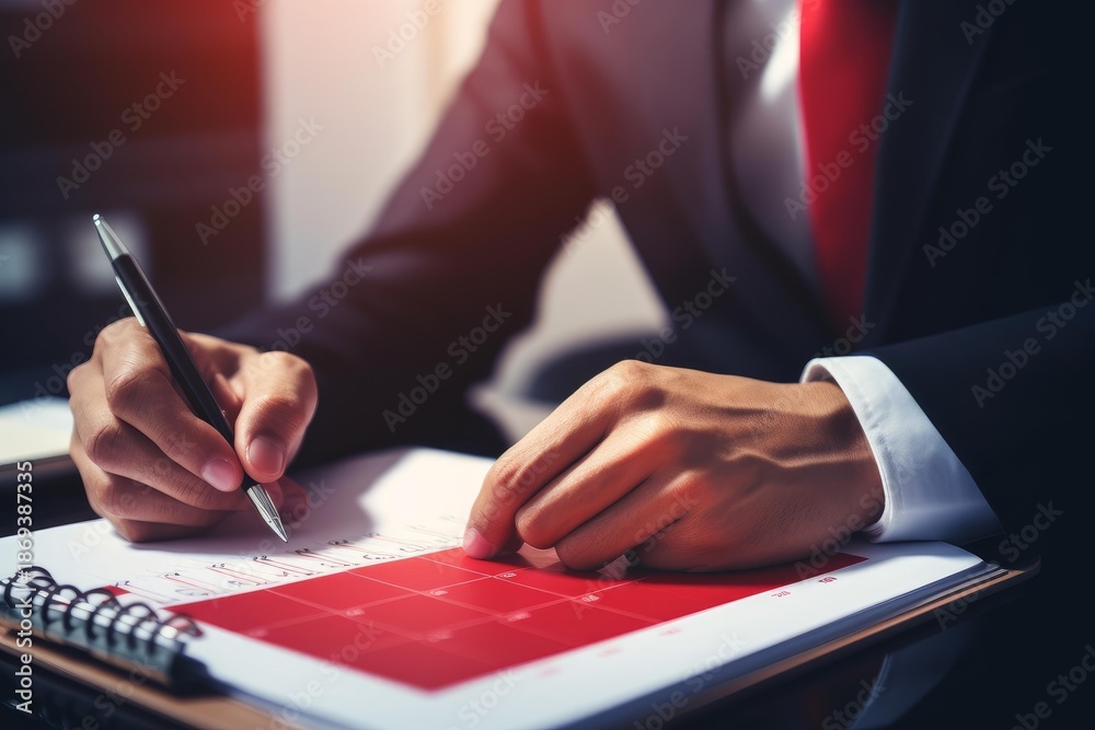 Naklejka premium Business person actively planning and writing on a red calendar notebook