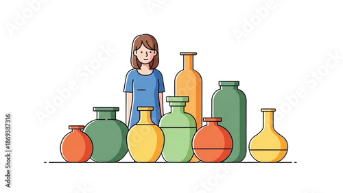 A woman surrounded by colorful vases stands in a creative studio environment viewed from the front