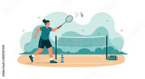 Man Playing Badminton with Racket and Shuttlecock.