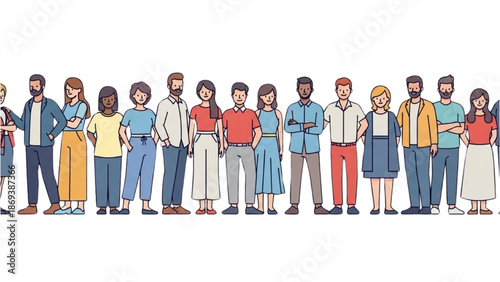 Diverse group of people standing together in a line, showcasing various cultures and styles