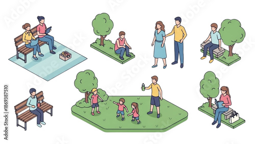 Family members relaxing together in a serene park environment from an aerial viewpoint.
