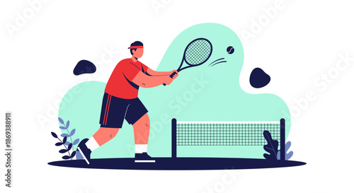 Man Playing Tennis with Racket and Ball.