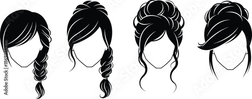 Silhouette of women hairstyles featuring braid, bun, and updo styles for beauty, fashion, salon, and hair styling illustration