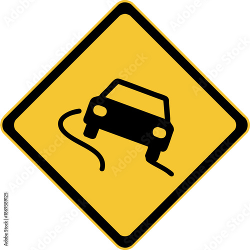 Yellow diamond warning sign indicating slippery road ahead.