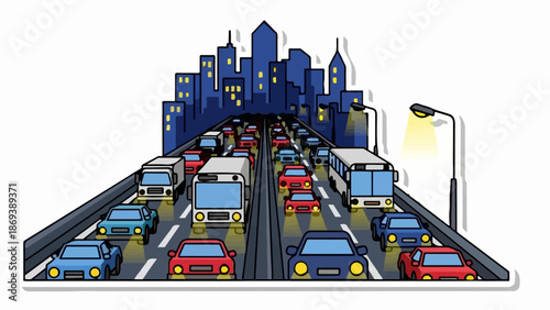 Jam-packed highway leads to a city skyline at night under streetlights