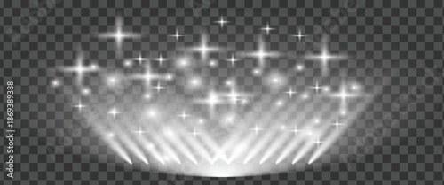 Sparkling white light effect with glittering stars on dark background