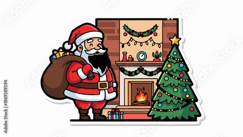 Jolly Santa with gift sack stands by a decorated Christmas tree near a cozy fireplace