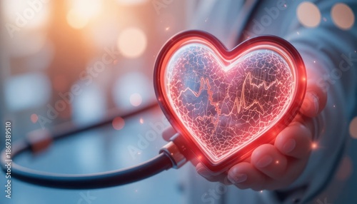 The glowing heart-shaped stethoscope represents integrated health services and care.