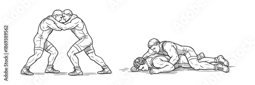 Wrestling training and competition scenes. Male athletes in action, martial arts and combat sport concept. Vector illustration.