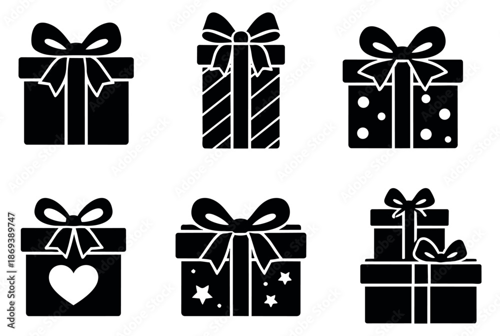 Fototapeta premium Black silhouette icon gift boxes set featuring various patterned designs with bows for celebrations, holidays, and special occasions